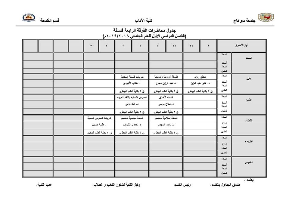 جدول محاضرات الفرقة الرابعة قسم الفلسفة 2018/2019